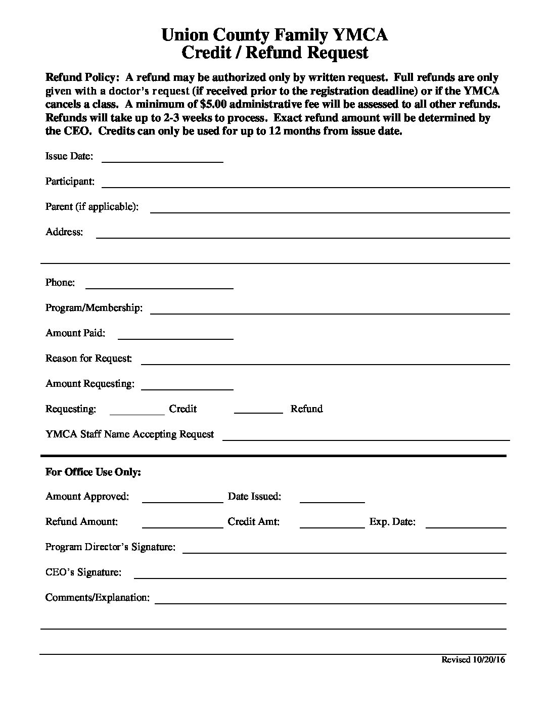 Credit Refund Form UNION COUNTY FAMILY YMCA Credit Refund Form UNION COUNTY FAMILY YMCA