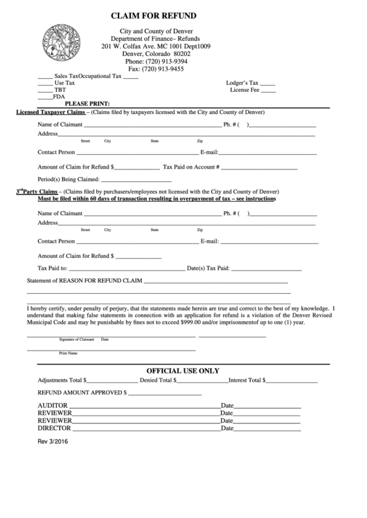 Fillable Claim For Refund Colorado Department Of Finance 2016