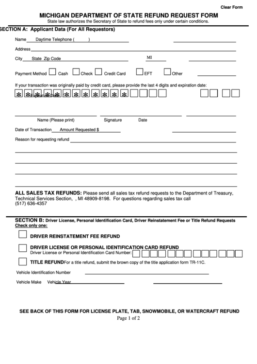 Fillable Michigan Department Of State Refund Request Form Printable Pdf