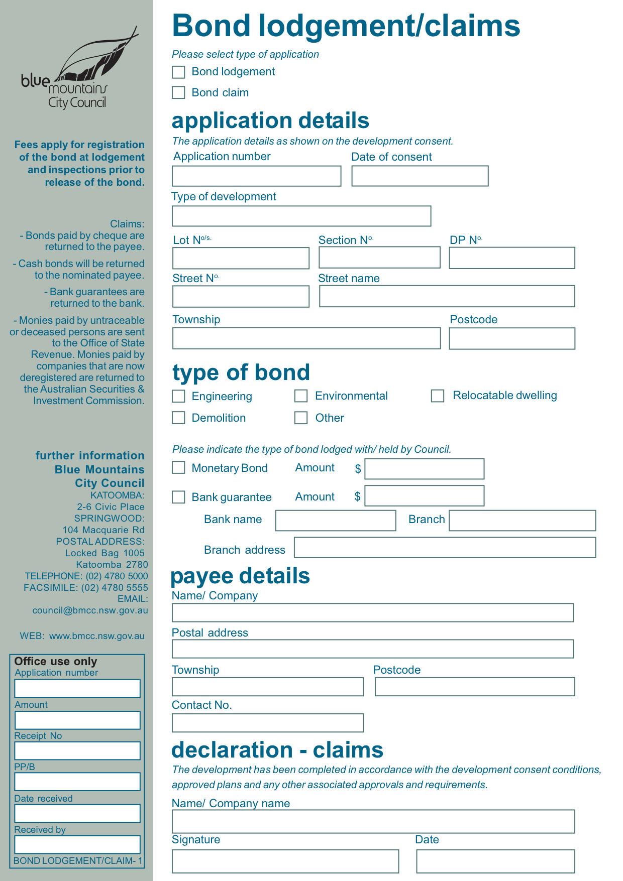 FORM Bond Lodgement Claim Bmcc nsw gov au