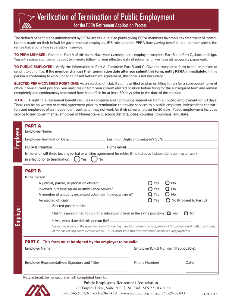 MN PERA Verification Of Termination 2017 Fill And Sign Printable