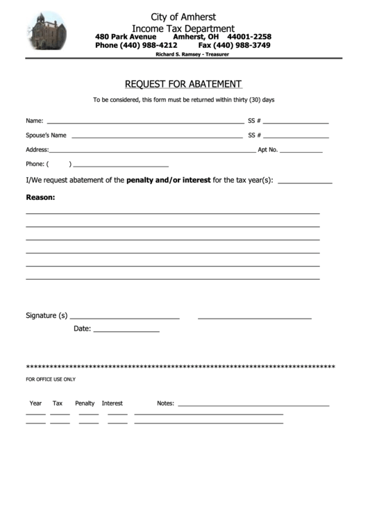 Request For Abatement Form City Of Amherst Income Tax Department 