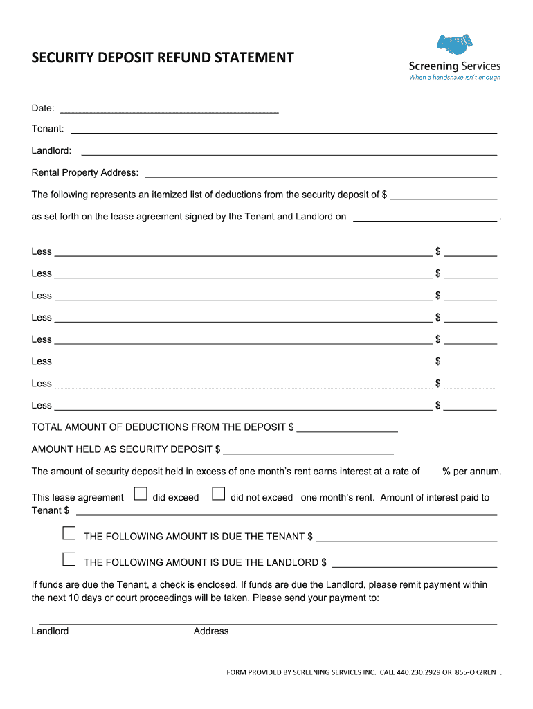 Screening Services Secuirty Deposit Refund Statement Fill And Sign